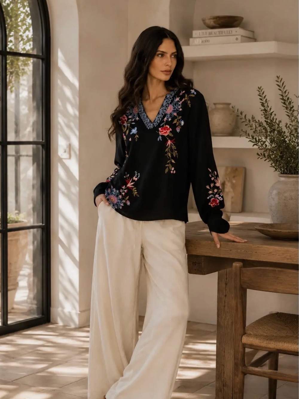 Black Embroidered V-Neck Long-Sleeve Top